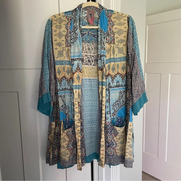 Johnny Was Kimono Rayon Blue Cream Long Paisley Cardigan Small - Picture 1 of 5